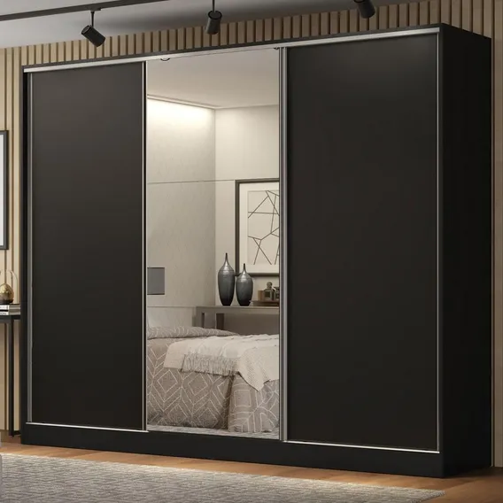 Guarda Roupa Casal 100% Mdf Madesa Royale 3 Portas Espelho Cor Preto 106209 Foto 1