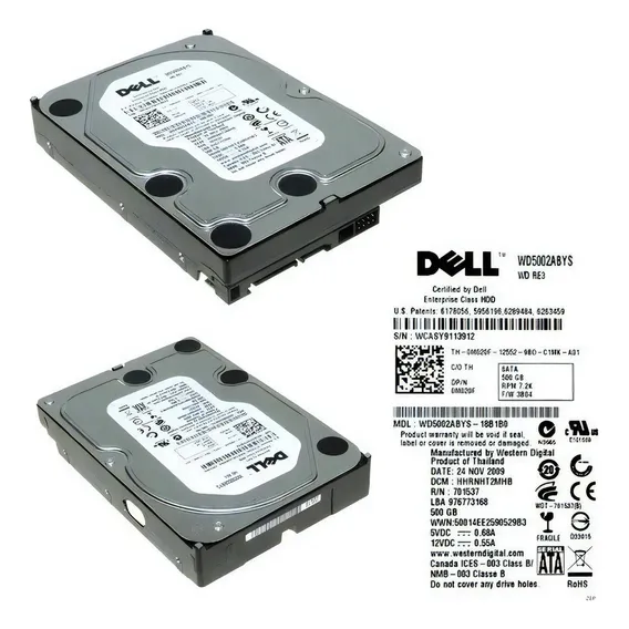 Hd Dell / Wd 500gb Sata 7.2k 3,5 Wd5002abys - 0m020f Cor Prata Foto 1