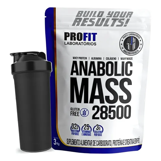 Hipercal贸rico Mass Anabolic 28500 3kg Profit + Coqueteleira Sabor Morango Foto 1