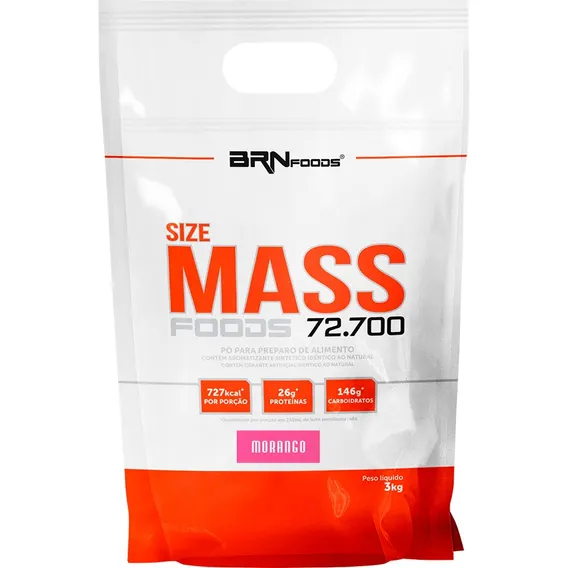 Hipercalórico Size Mass Foods 72700 BRN Foods Refil 3kg Massa Carboidratos Calorias Sabor Morango Foto 1