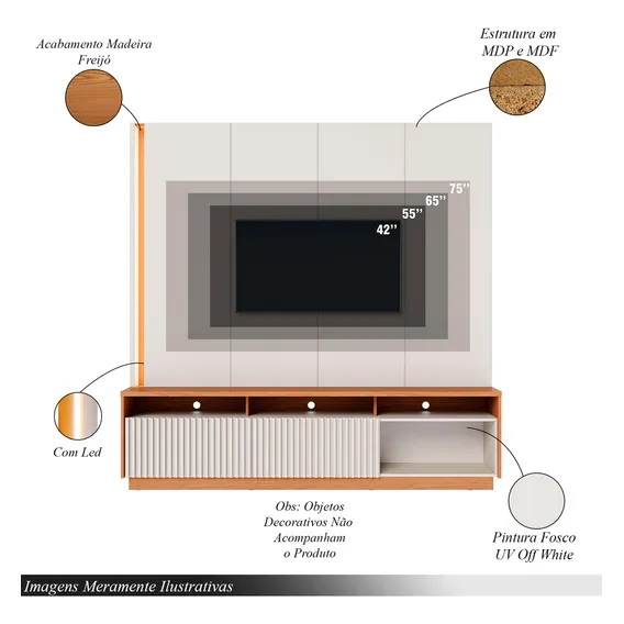 Home Estante Orlo 200cm Tv Até 75 Mdp/mdf Off White/freijó Foto 1