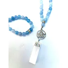 Japamala Jade Azul Com Flor De Lotus Mantra De Oração Foto mini 1