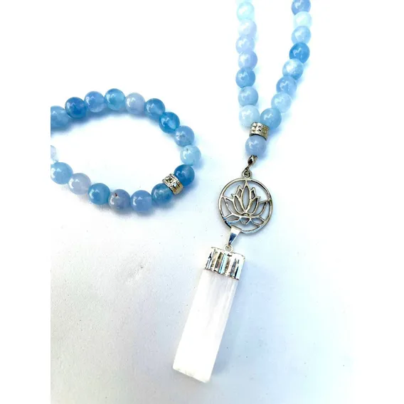 Japamala Jade Azul Com Flor De Lotus Mantra De Oração Foto 1