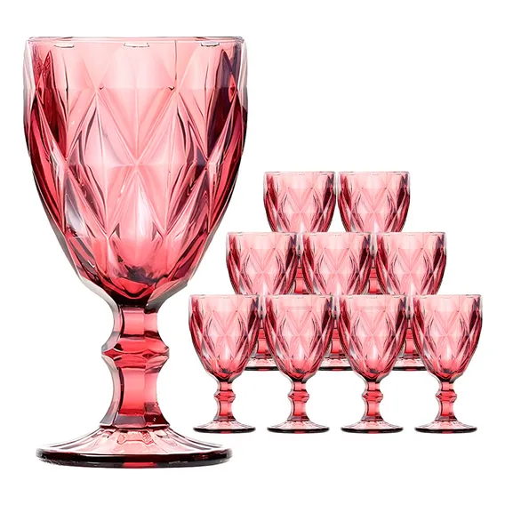 Jogo 10 Taça De Vidro Diamond Diamante Rosa 300ml Class Home Foto 1
