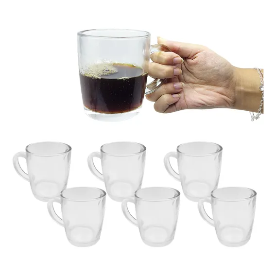 Jogo 6 Xícaras Caneca De Vidro Transparente Com Alça 340ml Foto 1