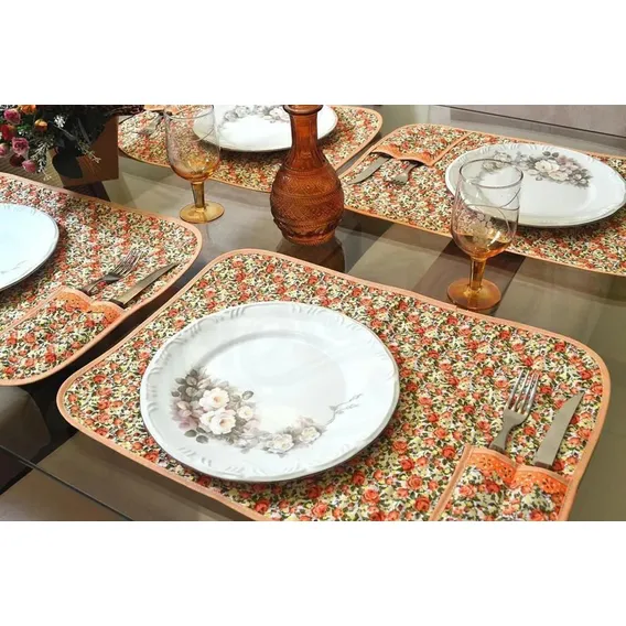 Jogo Americano Matelado Com 6 Peças Floral Laranja Foto 1