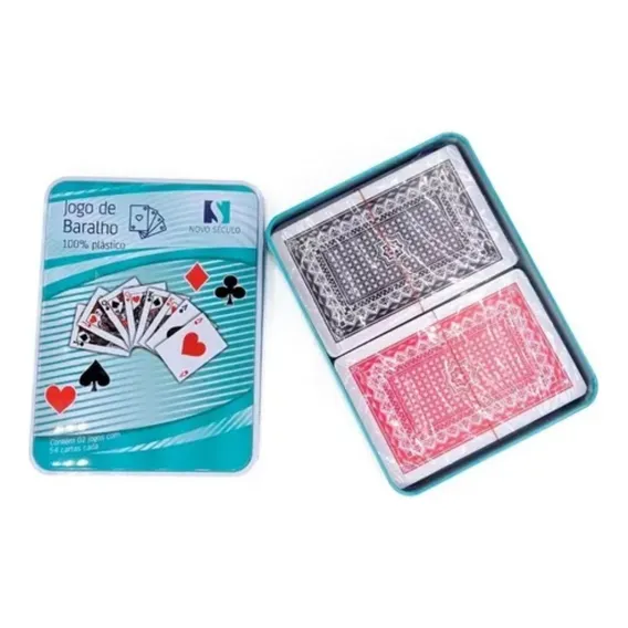 Jogo Baralho Cartas Duplo Plastico Estojo Metal Lata Foto 1