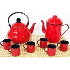 Jogo Conjunto Chaleira Esmaltada 1,5l + Bule 1l +6 Xicaras Cor Vermelho Foto mini 2