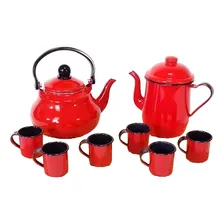 Jogo Conjunto Chaleira Esmaltada 1,5l + Bule 1l +6 Xicaras Cor Vermelho Foto mini 1