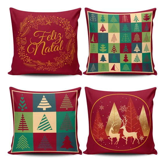 Jogo De Almofadas Cheias Estampadas Feliz Natal 04 Peças Foto 1