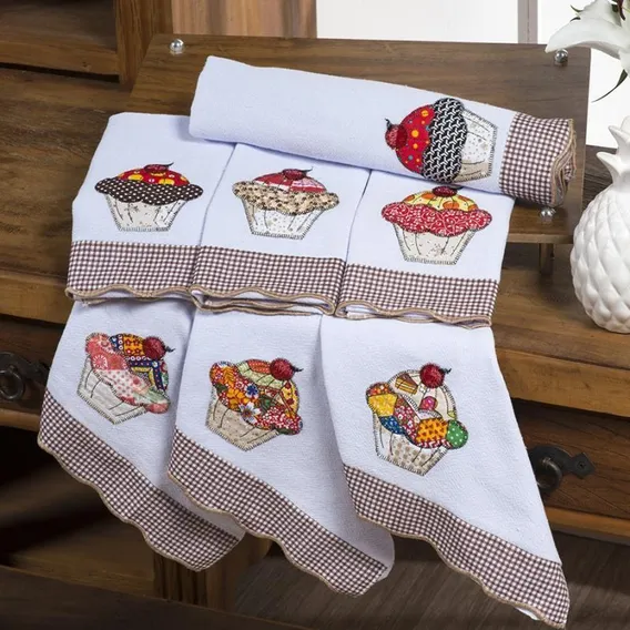 Jogo De Semaninha Pano De Prato 7 Peças Bordado Cupcake Foto 1