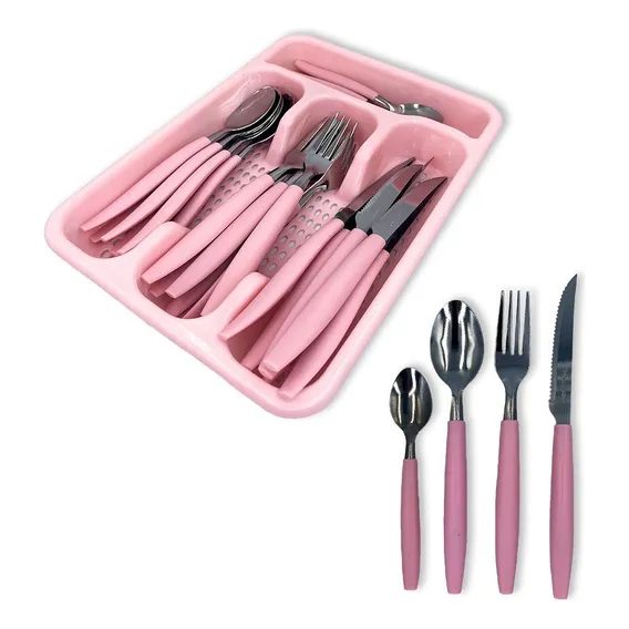 Jogo De Talheres Inox Kit Conjunto Talher Colher Garfo Faca Cor Rosa Foto 1