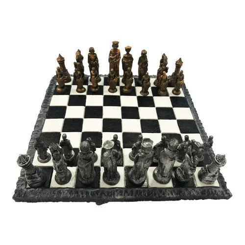 Jogo De Xadrez Medieval Tabuleiro E Peças Em Resina Completo Foto 1