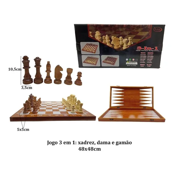 Jogo De Xadrez Tabuleiro Dama E Gamão Madeira 48x48 Cm Foto 1