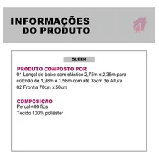 Jogo Lençol 400 Fios Casal Queen 3pçs Percal Ponto Palito. Foto mini  3