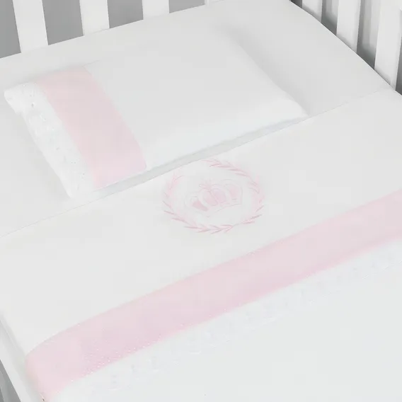 Jogo Lençol Berço Americano 3 Pçs 100% Algodão Realeza Coroa Cor Poá Rosa Foto 1