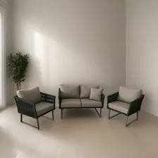 Jogo Sofá 2 Lugares + 2 Poltronas Alumínio Corda Náutica Cor Fendi E Verde Musgo Foto mini  2