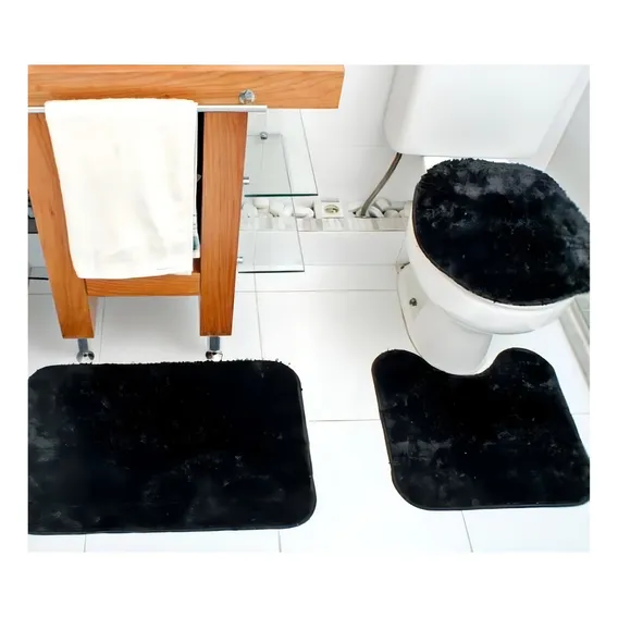 Jogo Tapete Peludo De Banheiro Classic 3 Peças Preto Liso Foto 1