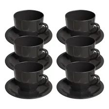 Jogo Xicara Café Chá Porcelana Preta 170ml Com Pires 6 Unid Cor Preto Xícara Café Com Pires Foto  mini 1