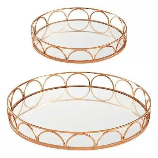 Kit 02 Bandejas Decorativa Cobre Rose Com Espelho 13638 Mart Foto 1