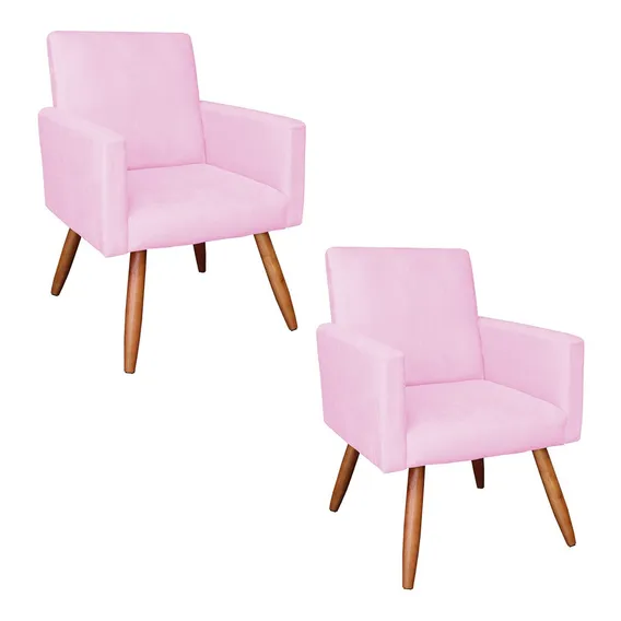 Kit 02 Poltrona Decorativa Nina Suede Rosa Bebê Encosto Alto Foto 1