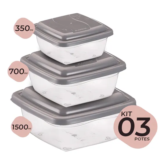 Kit 03 Potes De Plásticos Capacidades Diferentes C/ Tampa Foto 1