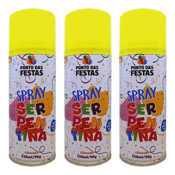 Kit 03 Serpentina Em Spray Ponto Das Festas Lata 150ml 90g Cor Amarelo Foto 1