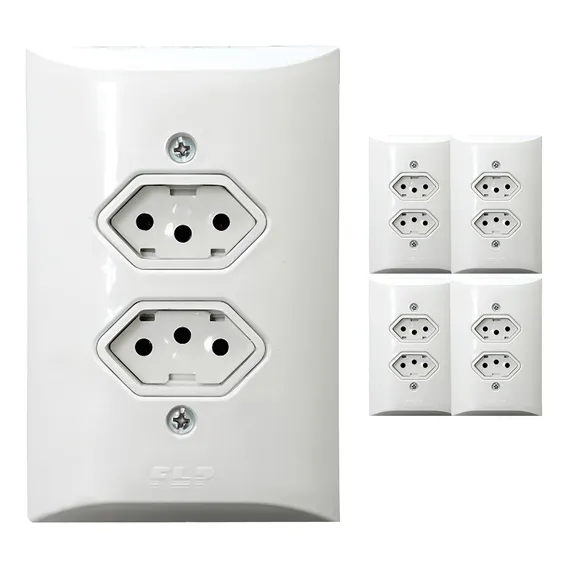 Kit 05 Tomada Dupla Com Placa Branco 2p+t 20a Inmetro Bivolt Foto 1