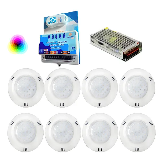 Kit 08 Refletor Hiper Led 15w Abs Rgb + Comando Smd Brustec Foto 1