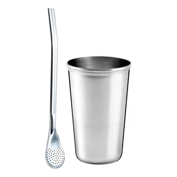Kit 1 Cuia Copo Inox 200ml 1 Bomba Lisa Prática Erva Tereré Foto 1