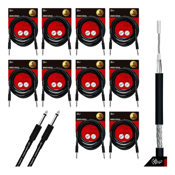 Kit 10 Cabo P10 P10 Mono P/ Violão Guitarra Baixo 5m Metros Foto 1