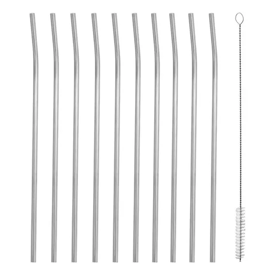 Kit 10 Canudos Inox Sustentável Curvado 5mm Escovinha Comprimento 19 Cm Foto 1