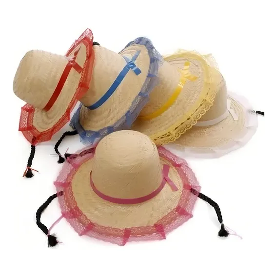 Kit 10 Chapéu De Palha Com Trança E Renda Inf. Festa Junina Cor Sortidos Foto 1