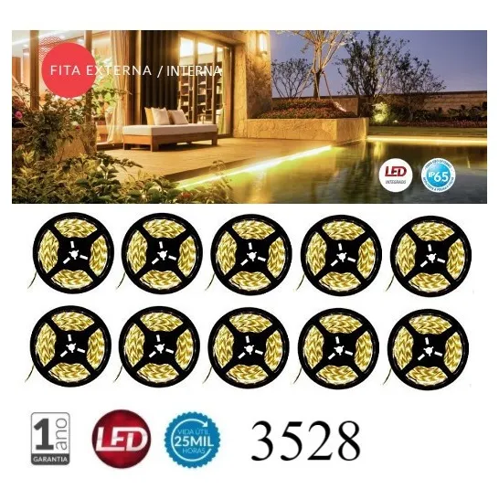 Kit 10 Fita Led 3528 Branco Quente C Silicone/c Fit Adesiva Cor da luz Branco Quente 3000K Tensão de operação Foto 1