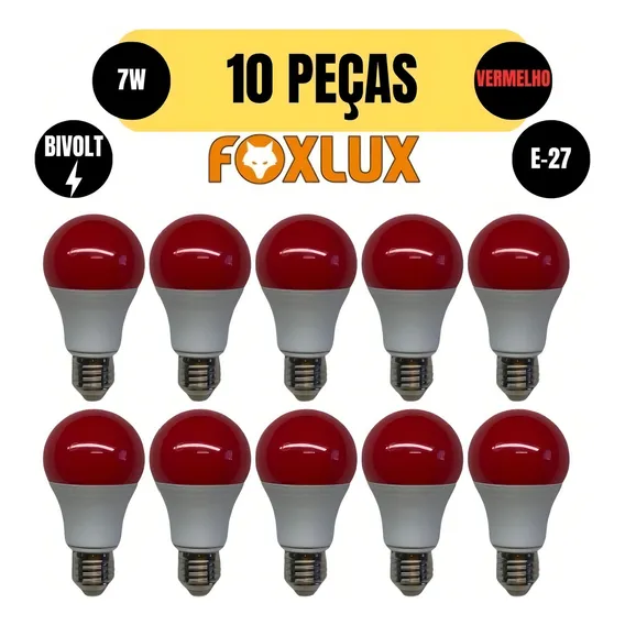 Kit 10 Lampada Led Bulbo A60 7w E27 Vermelha Bivolt Foxlux Foto 1