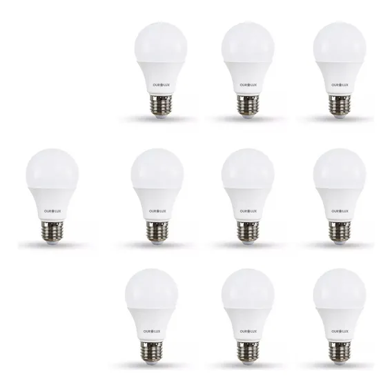 Kit 10 Lâmpada Led Bulbo 9w Bivolt 6500k Branco Frio Ourolux Foto 1