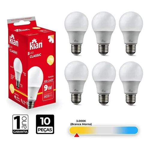 Kit 10 Lâmpada Led Bulbo A60 9w 3.000k Branca Quente Bivolt Foto 1