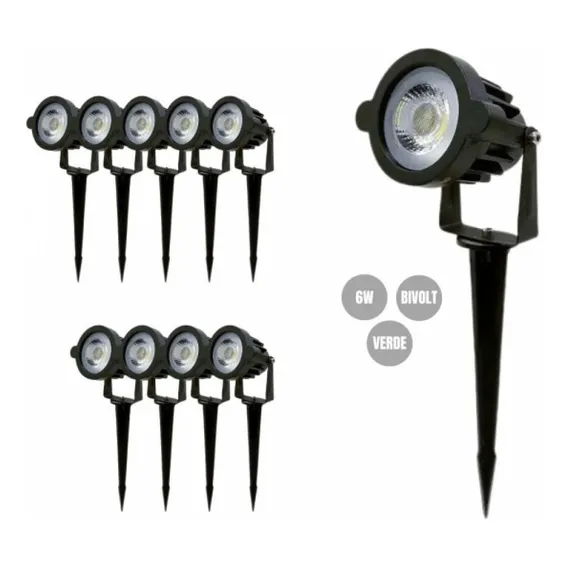 Kit 10 Luminaria Espeto Jardim Preto 6w Verde Prova Dagua Foto 1