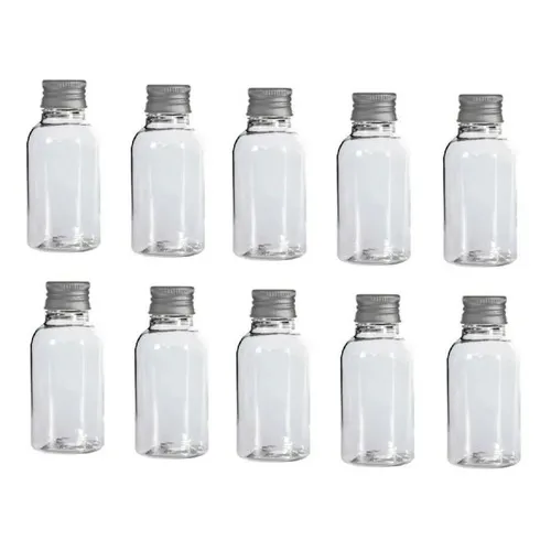 Kit 10 Mini Garrafinhas Plástico 10ml Tampas De Metal Prata Foto 1
