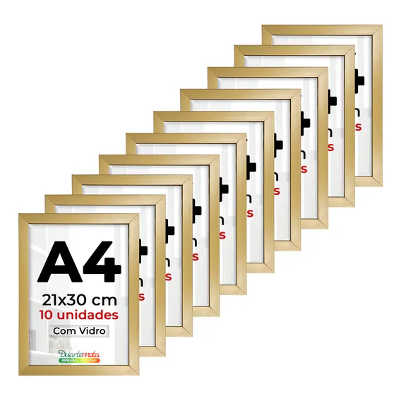 Kit 10 Moldura Quadro A4 21x30 C/ Vidro Certificado Diploma Cor Dourada Foto 1