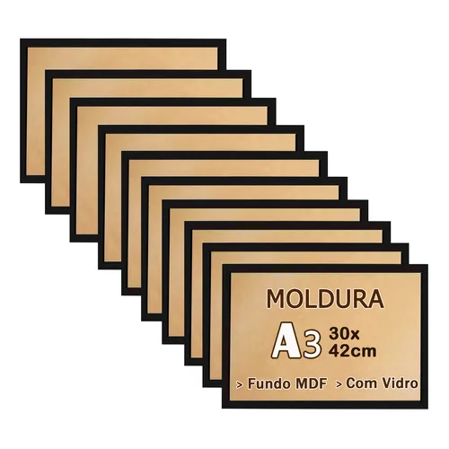 Kit 10 Molduras  A3 Quadros 30x42 Com Vidro Moldura Laqueada Cor Preto Foto 1