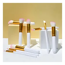 Kit 10 Pincéis Kabuki - Maquiagem Cor Branco Com Dourado Foto mini 2