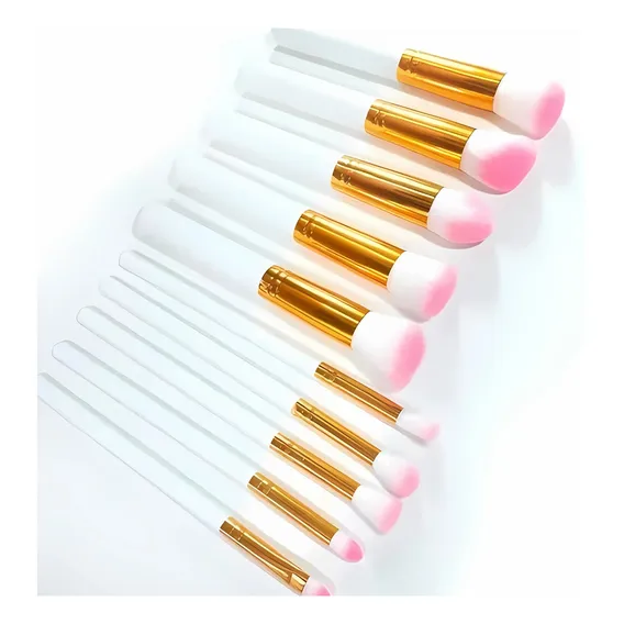 Kit 10 Pincéis Kabuki - Maquiagem Cor Branco Com Dourado Foto 1