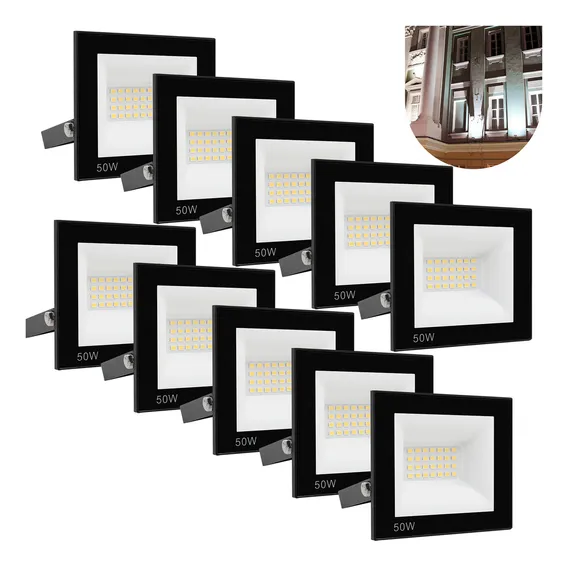 Kit 10 Refletor Led 50w Holofote Bivolt Prova Dágua Luz Frio Carcaça Preto Luz Branco-frio 110v/220v (bivolt) Foto 1
