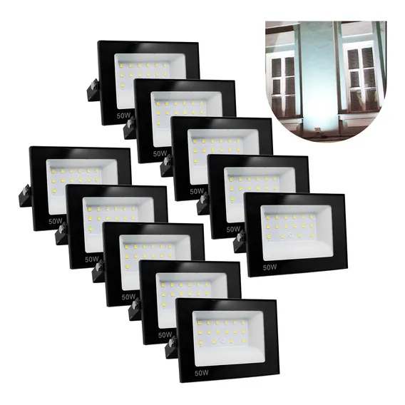Kit 10 Refletor Led 50w Holofote Prova Dágua Carcaça Preto Luz Branco-frio Foto 1