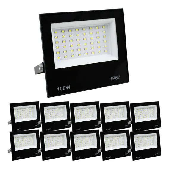 Kit 10 Refletor Led Smd 100w Holofote Ip66 Carcaça Preto Luz Branco-frio Foto 1