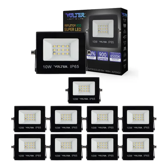 Kit 10 Refletor Led Volter Ecônomico Ip65 10w 6500k Holofote Preto 900lm Luz Branco Frio Foto 1