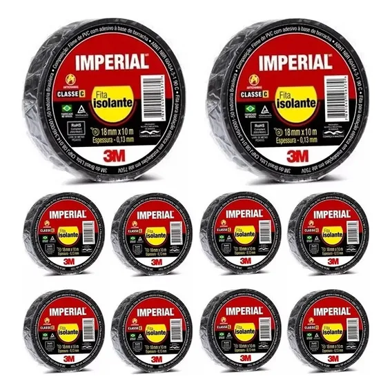 Kit 10 Rolos De Fita Isolante 3m Imperial 10 Metros - 3m Cor Preto Foto 1