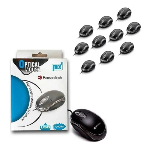 Kit 10 Unid Atacado Mouse Optico Fio Usb 1000dpi Banson Tech Cor Preto Foto 1