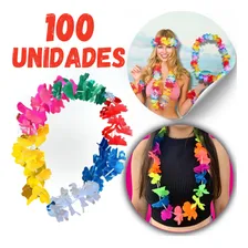 Kit 100 Colar Havaiano Flor Festa Carnaval Fantasia Atacado Cor Colorido Foto mini 3